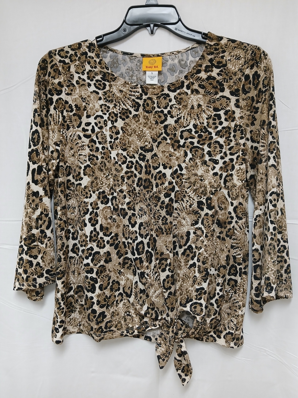 Ruby Rd. Leopard Print Tie-Front Long Sleeve Top in Tan and Black